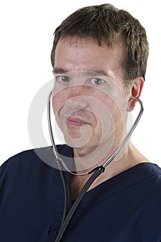 Adult male in scrubs over white background