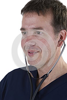 Adult male in scrubs over white background