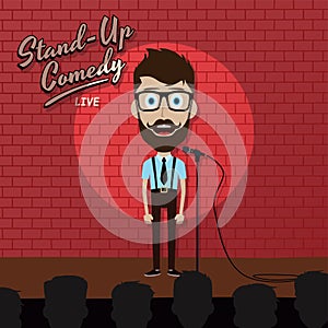 Adult male stand up comedian cartoon character on red brick stage with spotlight