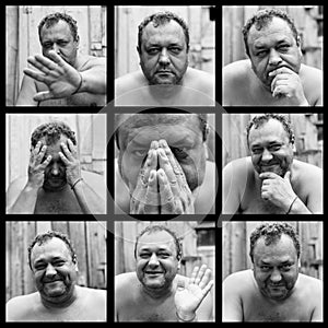 An adult man, a bad looking alcoholic, in front of a wooden house in the village. Emotional collage, set. Black and white photo.