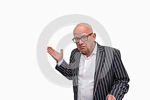 Adult man in business suit makes gesture of apologies