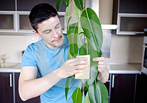 Adult man cleaning pipal in kitchen