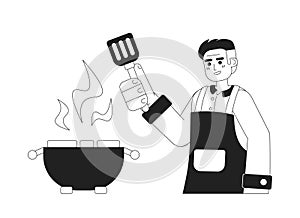 Adult man cooking on bbq grill monochromatic flat vector character