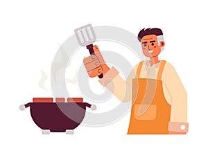 Adult man cooking on bbq grill semi flat colorful vector character