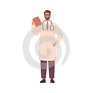 Adult man, doctor physician, practitioner, paramedic holding medical history notepad, stethoscope. Health care hospital