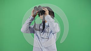 Adult Man Explorer Chasing With Binoculars