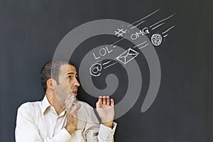 Adult man frustrated and stressed from social media overload