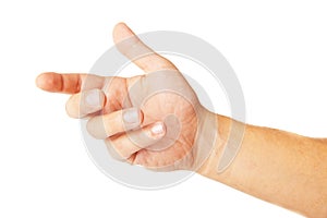 Adult man hand to hold something isolated on white