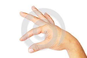 Adult man hand to hold something isolated on white