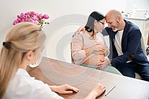 Adult man and his pregnant wife happy that have healthy baby in the womb