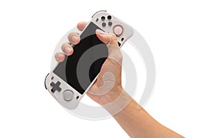 Adult Man Holding Handheld Game Console on iSolated White Background, Classic Retro Game Device for Leisure Time