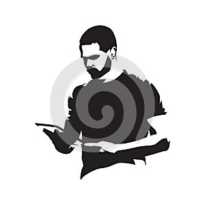 Adult man holding tablet in his hands, abstract isolated vector
