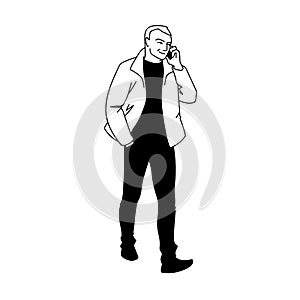 Adult man in jacket walking. Front view. Monochrome vector illustration of man taking a walk and talking on the phone in