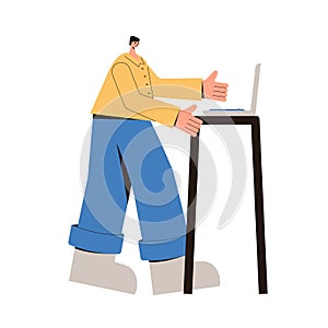 Adult man with laptop. Male character wearing in casual clothes standing and working with his computer isolated on a white