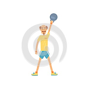 Adult man lifting kettlebell above head. Male doing strength exercise with weight equipment. Elderly sportsmen with