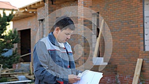 Adult man looking at paper plans standing outdoors of building under construction