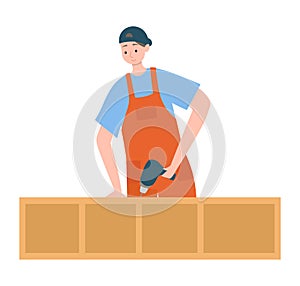 Adult man male worker, vector illustration. House ferniter repair, flat reparman in home construction isolated on white.