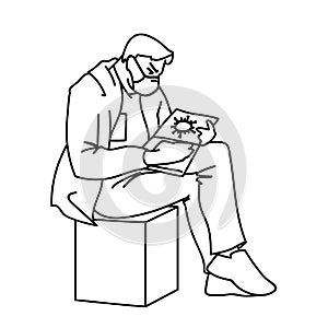 Adult man in medical mask is sitting with textbooks, looking for information about viruses. Vector illustration of a