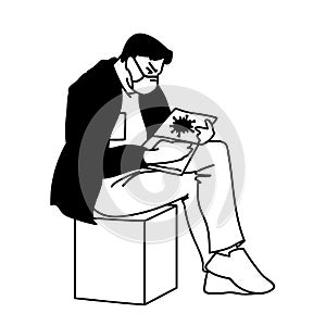 Adult man in medical mask is sitting with textbooks, looking for information about viruses. Vector illustration of a