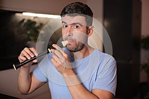 Adult man playing the flute