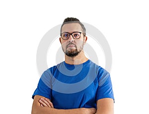 Adult man portrait in glasses and blue t shirt. Young male caucasian person isolated on white background