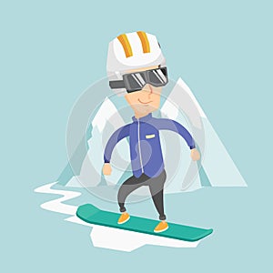 Adult man snowboarding vector illustration.