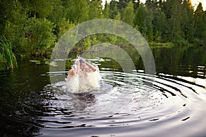 Adult man splash water in forest lake