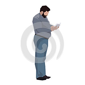 Adult man standing and reading book, isolated vector illustration. Side view. Flat design character