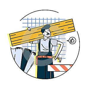Adult man in uniform holding hammer and wood. Builder ready to work at construction site