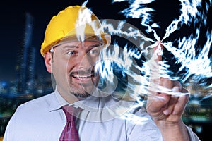 Adult man wears a protective helmet