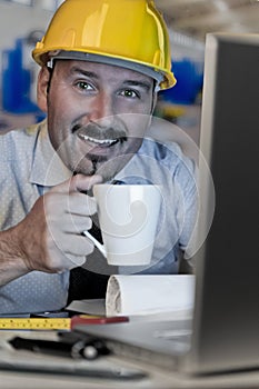 Adult man wears a protective helmet