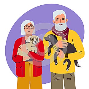 Adult man and woman with dogs, illustration in flat style