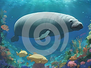 an adult manatee swimming in the blue clear water