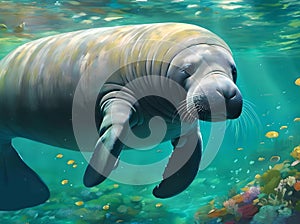 an adult manatee swimming in the blue clear water