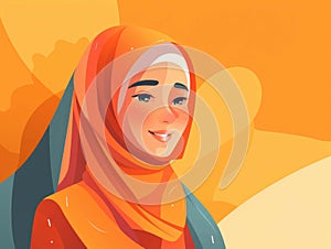 An adult Muslim woman in an orange hijab smiles brightly her poise and radiance symbolizing wellness.. AI generation