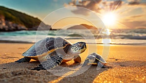 Adult and Newborn Sea Turtle on a Sandy Beach of a Tropical Island - Generative Ai
