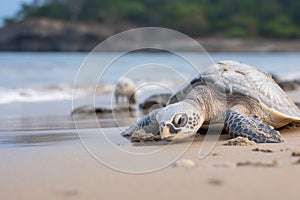 adult sea turtle with a hatchling on the beach