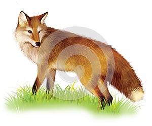 Adult shaggy red Fox standing in the grass.