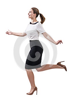 Adult smiling business woman running.