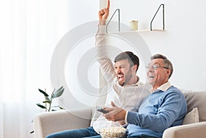 Adult Son And Senior Father Watching Sports TV At Home