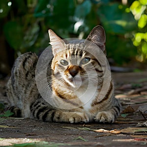 Adult street cat basks in sunlight, relaxing in natural surroundings