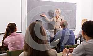 Adult students with teacher in classroom