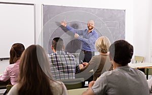 Adult students with teacher in classroom