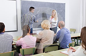 Adult students with teacher in classroom