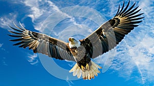 Adult White-tailed eagle in flight. Blue sky background, AI Generative