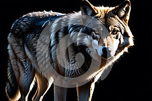 Adult Wolf Emerges from the Shadows on a Pitch-Black Background, Intense Gaze Fixed Forward, Fur Capturing Moonlight