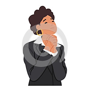 Adult Woman Bows With Closed Eyes, Hands Clasped In Prayer, A Serene Expression On Her Face, Vector Illustration
