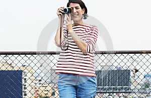 Adult Woman With Camera Capture Snap Shot Outdoor Activity