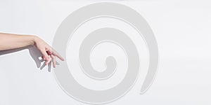 Adult woman hand to hold something flat, isolated on white. Copy space banner for advert advertisement