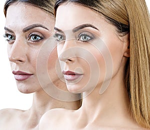 Adult woman before and after retouch
